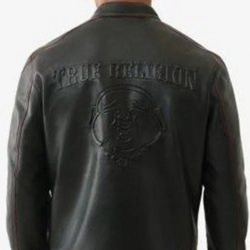 True Religion Mens Black Faux Leather Buddha Moto Jacket RedStitching New size L